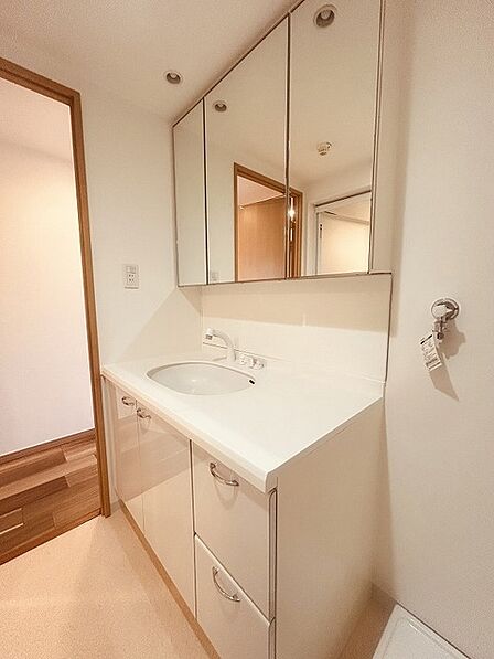 三面鏡に洗面台。 コンセントに照明機能、多機能性を備えた設備です。  
