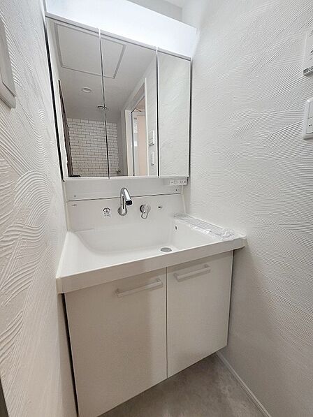 三面鏡に洗面台。 コンセントに照明機能、多機能性を備えた設備です。