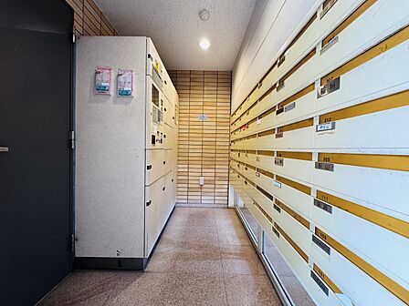 廊下に洗濯機置き場と収納を備えた室内