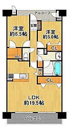 キングス夢咲シティひかりの街A棟 2LDKの間取図画像