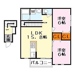 モンレーヴ平津 2階2LDKの間取り