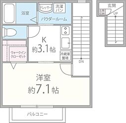 クローバーヒルズ 2階1Kの間取り