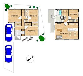 外観：お車2台駐車可能な広々とした4LDKの新築一戸建です。使い勝手の良いシューズクロークや、日々のお洗濯物は洗面室から続くバルコニーへと効率の良い家事動線は家族ニッコリの嬉しいマイホームです。