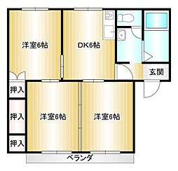 クオーレ川津 2階3DKの間取り