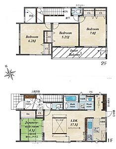 間取り：和室4.5帖がある4LDK、2階建て。パントリー付き♪