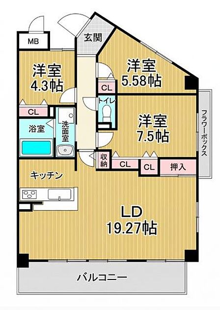 リビングダイニングが19.27帖と広く開放感のある間取りです。各洋室にはクローゼットがあり収納力も確保されています。キッチンがリビングに隣接していて動線が良好です。