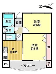 ヴィラ岡崎 2Kの間取図画像