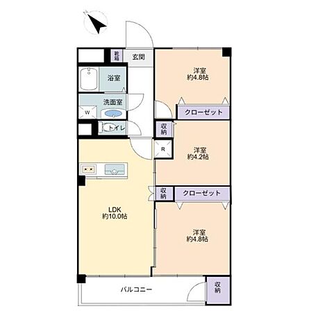 3LDK、価格4198万円、専有面積59.4m2、バルコニー面積6.75m2 間取りは専有面積59.4平米の3LDK。