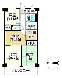 ラール山科スカイハイツ 3DKの間取図画像