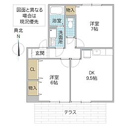 ロイヤルガーデンカーサハラF棟 2DKの間取図画像