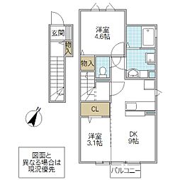 グリーンコートけやき E棟 2階2DKの間取り