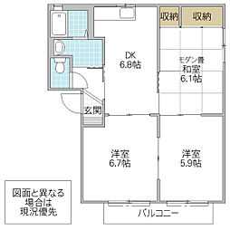 タウンコート C 2階3DKの間取り