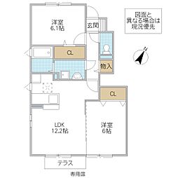 ヴァレンティーナ D 1階2LDKの間取り