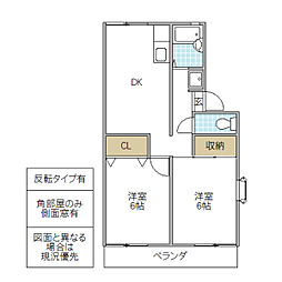 クレセントハウス 2階2DKの間取り