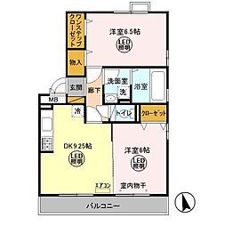 ハピネス C 2階2DKの間取り