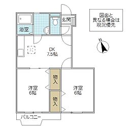 プラターヌ 1階2DKの間取り