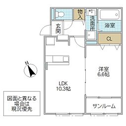 サン ルタン B 1階1LDKの間取り