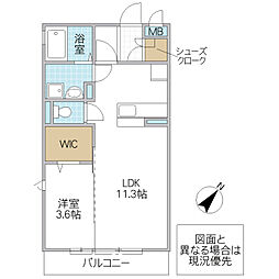 パークドプランタンB 1LDKの間取図画像