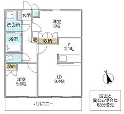 クレア美原 2LDKの間取図画像