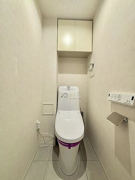 ウォシュレット機能付きのトイレ。収納もあり実用性も兼ね備えた造り。 