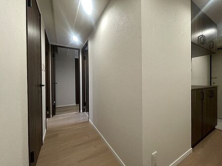 落ち着いた色調の建具が空間に深みを与え、整然とした印象が日々の暮らしに穏やかな心地よさをもたらします