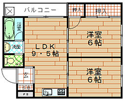 阪神なんば線 千鳥橋駅 徒歩13分の賃貸マンション 3階2LDKの間取り