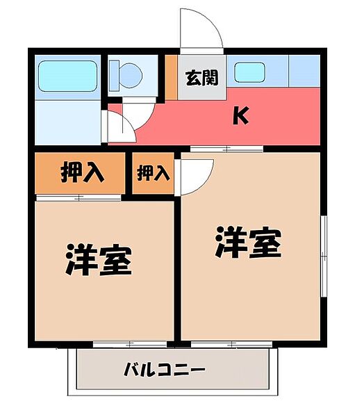 栃木県宇都宮市駒生町(賃貸アパート2K・2階・31.59㎡)の写真 その2