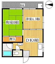JR土讃線 高知駅 徒歩16分の賃貸マンション 4階2DKの間取り