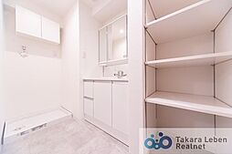 [洗面] ゆとりのある洗面室。便利な収納スペースがございますので、アメニティやタオル類の格納としてお使いになれます。