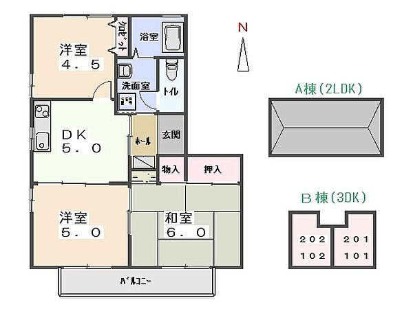 サングリーン　B 201｜群馬県太田市茂木町(賃貸アパート3DK・2階・50.78㎡)の写真 その2