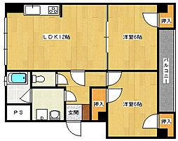 JR芸備線 矢賀駅 徒歩10分の賃貸マンション 1階2LDKの間取り