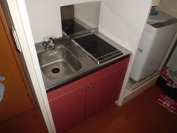 画像5:電気コンロ付ミニキッチンと洗濯機。