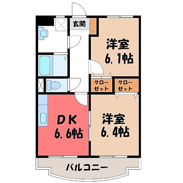 栃木県栃木市薗部町2丁目(賃貸マンション2DK・4階・48.25㎡)の写真 その2