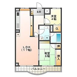 シャトーカワイ 4階2LDKの間取り