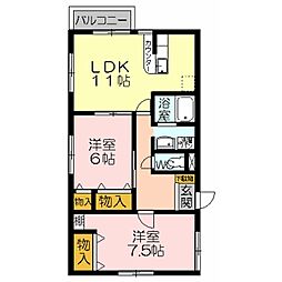 アイリス・クシマＡ棟 1階2LDKの間取り
