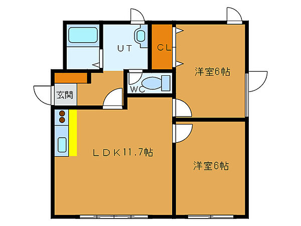 ビューハイツパートIII 1-A｜北海道函館市上野町(賃貸アパート2LDK・1階・52.06㎡)の写真 その2