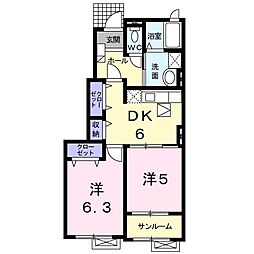 ウィンディB棟 2DKの間取図画像