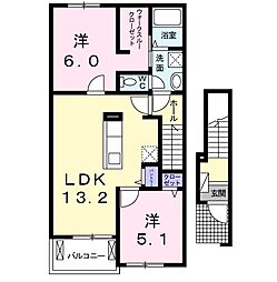 カーサ　アライブ　ささやＢ 2階2LDKの間取り