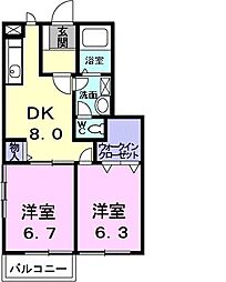 シャルマン雅Ｂ 1階2DKの間取り