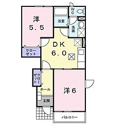 フレーズ・アンソレイエＢ 1階2DKの間取り