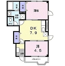 ハイフィールド1 1階2DKの間取り