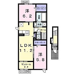プラウド　内免II 2階2LDKの間取り