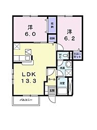 アンソレイエみずき　Ａ 1階2LDKの間取り