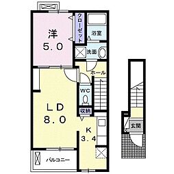 グレィス　ヴィラ　観音II 2階1LDKの間取り