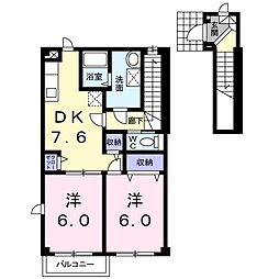 オリエンスパーク 2階2DKの間取り