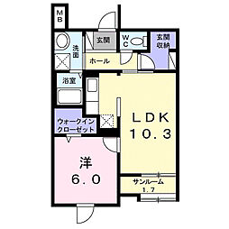 サンウインド 1階1LDKの間取り