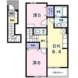 ブルック大瀬Ｂ 2階2DKの間取り