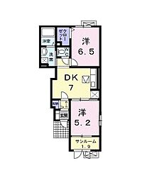 ルーチェボヌール 1階2DKの間取り