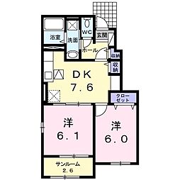 スカイスター南宮Ａ 1階2DKの間取り