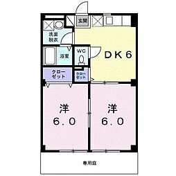 ルネッサンス久米Ｂ 1階2DKの間取り